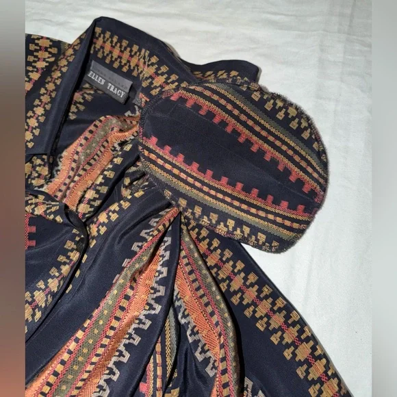 Vintage 90s Ellen Tracy Silk Blouse Geometric Stripe Navy Boho Oversized Size8 - Picture 8 of 10